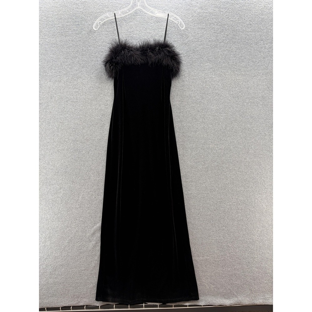 VTG 90s Steppin Out Dress Small Black Velvet Feather Trim Maxi Slip Gown USA